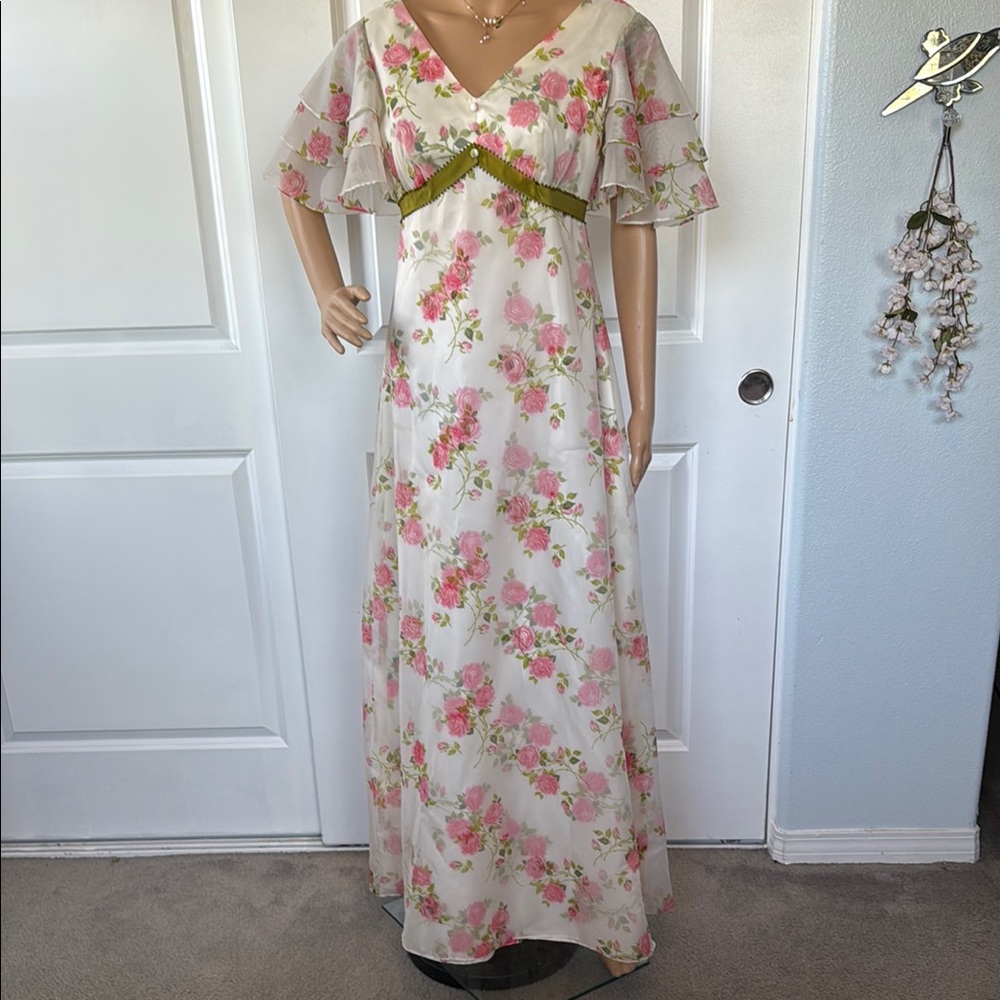 Vintage 60s 7s floral wedding bridesmaid pink roses overlay maxi dress S